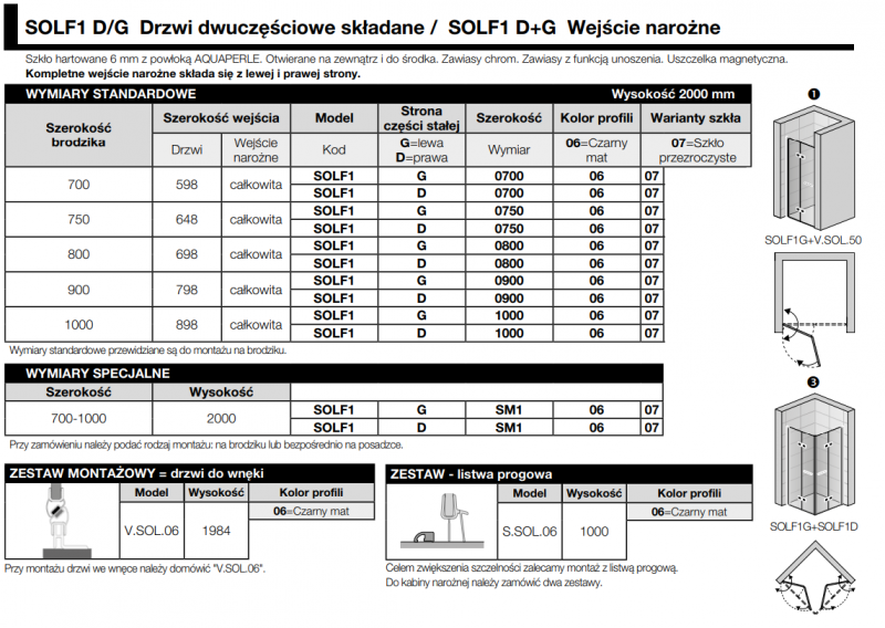 Sanswiss Solino Black Line drzwi składane dwuczęściowe LEWE 75 cm do wnęki lub ścianki czarny mat przeźroczyste SOLF1G07500607