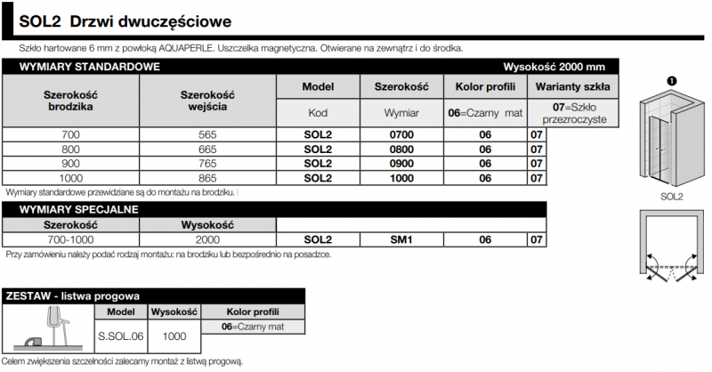 Sanswiss Solino Black Line drzwi wahadłowe dwuczęściowe 70 cm do wnęki lub ścianki czarny mat przeźroczyste SOL207000607