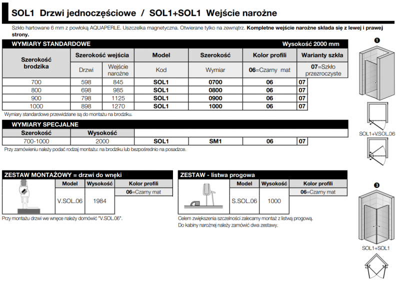 Sanswiss Solino Black Line drzwi otwierane jednoczęściowe 70 cm do wnęki lub ścianki czarny mat przeźroczyste SOL107000607