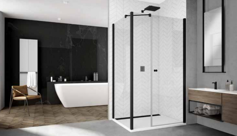 Sanswiss Solino Black Line drzwi wahadłowe jednoczęściowe ze ścianką stałą w linii 110 cm do wnęki lub ścianki czarny mat przeźroczyste SOL3111000607