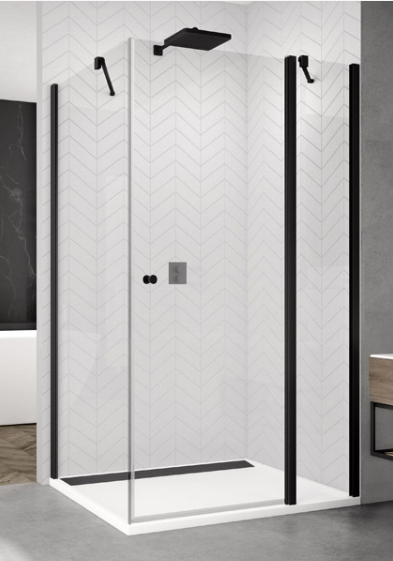 Sanswiss Solino Black Line drzwi otwierane jednoczęściowe ze ścianką stałą w linii 75 cm do wnęki lub ścianki czarny mat przeźroczyste SOL1307500607