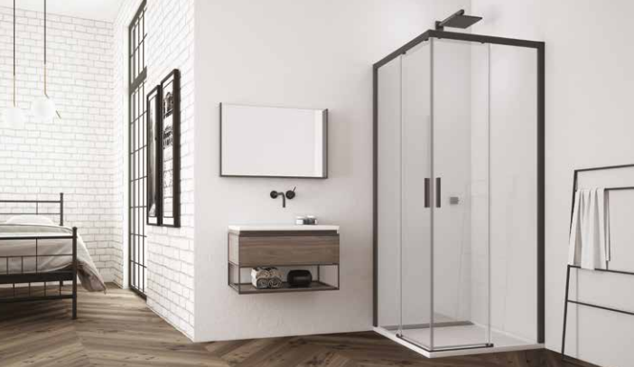 Sanswiss Top Line Black Line kabina kwadratowa 90x90 cm wejście narożne z drzwiami przesuwnymi czarny mat przeźroczyste