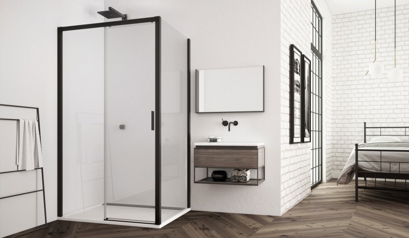 Sanswiss Top Line Black Line drzwi przesuwne czteroczęściowe 120 cm do wnęki lub ścianki czarny mat przeźroczyste TLS41200607