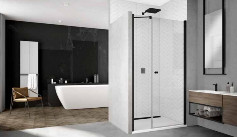 Sanswiss Solino Black Line drzwi wahadłowe jednoczęściowe ze ścianką stałą w linii 120 cm do wnęki lub ścianki czarny mat przeźroczyste SOL3112000607