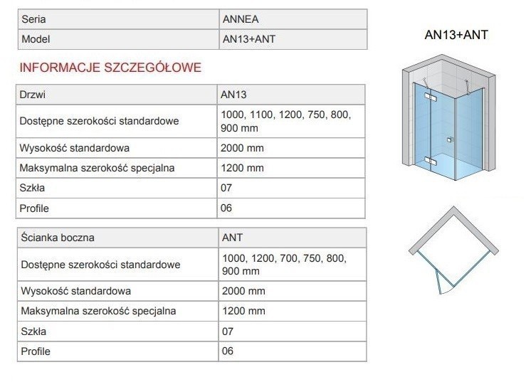 Sanswiss Annea Black Line kabina prostokątna 75x100 drzwi LEWE 75 cm i ścianka 100 cm czarny mat powłoka Aquaperle AN13G07500607+ANT10000607