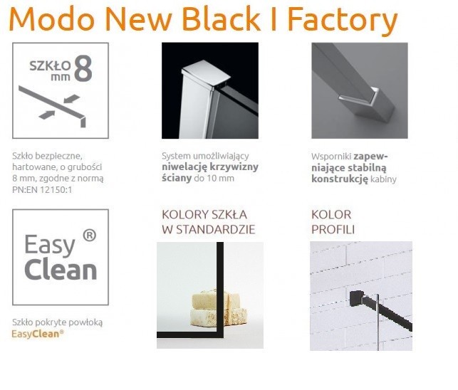Radaway Modo New Black I Factory kabina typu Walk-In 120 cm czarny krata Easy Clean 388124-54-57