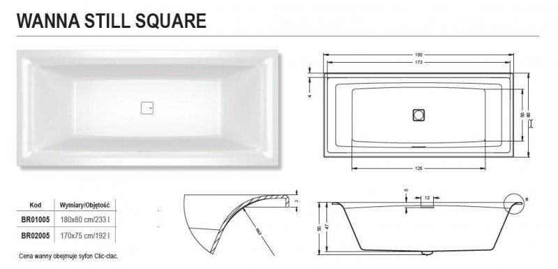 Riho Still Square wanna prostokątna 180x80 z syfonem akryl BR01
