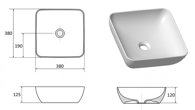 Ravak Uni Slim 380 S umywalka stawiana na blat 38x38 cm cienki rant XJX01138001
