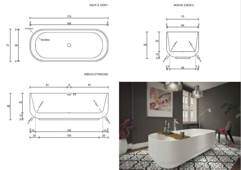 Cristalstone Separado Cuatro wanna wolnostojąca 170x70 cm biały matowy, satynowy mat