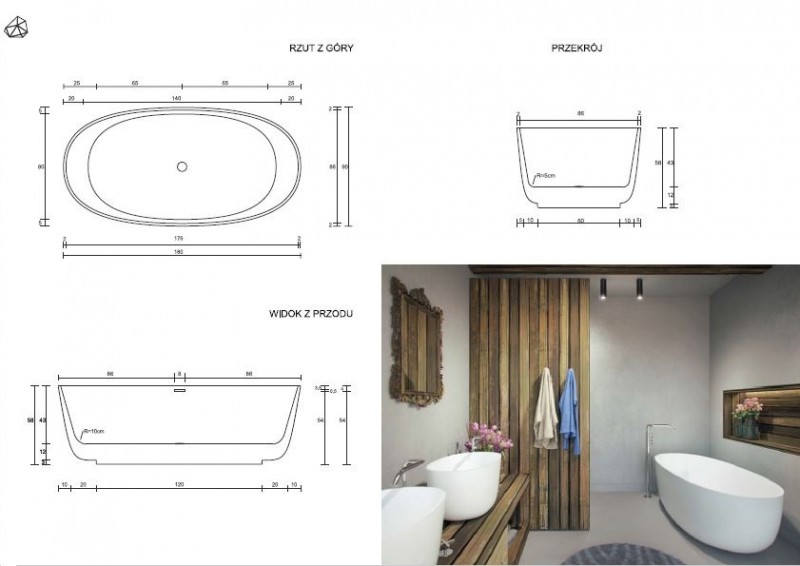Cristalstone Separado Cinco wanna wolnostojąca 180x90 cm biały matowy, satynowy mat