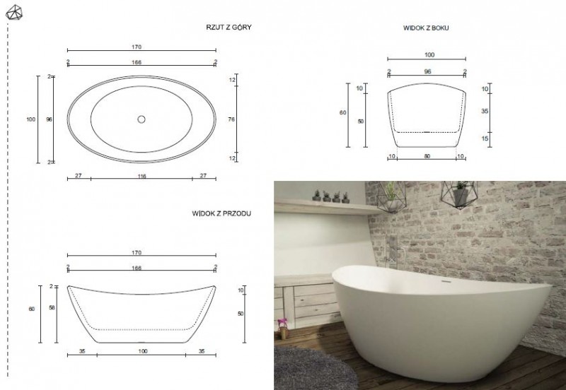Cristalstone Separado Tres wanna wolnostojąca 170x100 cm biały matowy, satynowy mat STR1700