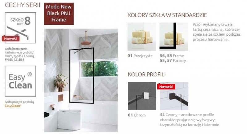 Radaway Modo New Black PNJ Frame parawan nawannowy jednoczęściowy 70 cm L/P czarny przeźroczyste Easy Clean 10006070-54-64