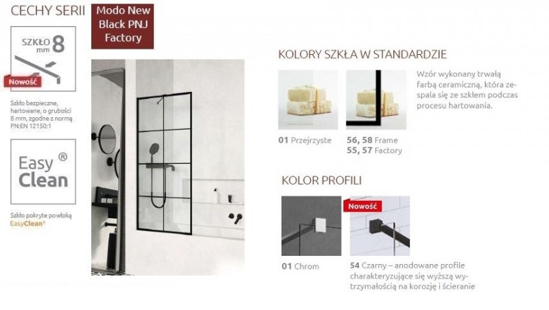 Radaway Modo New Black PNJ Factory parawan nawannowy jednoczęściowy 90 cm L/P czarny przeźroczyste Easy Clean 10006090-54-55