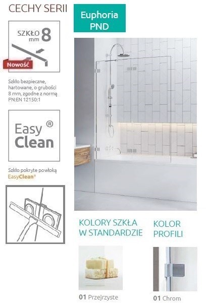 Radaway Euphoria PND parawan nawannowy dwuczęściowy 130 cm lewy chrom przeźroczyste Easy Clean 10008130-01-01L