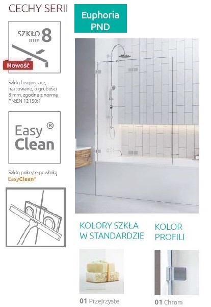Radaway Euphoria PND parawan nawannowy dwuczęściowy 100 cm lewy chrom przeźroczyste Easy Clean 10008100-01-01L