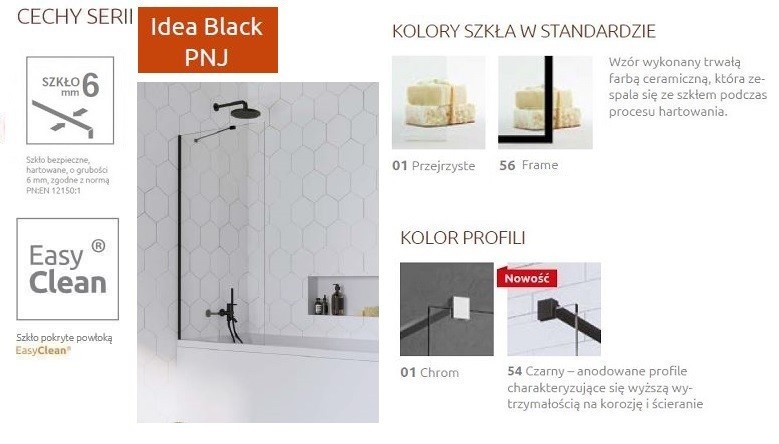 Radaway Idea Black PNJ parawan nawannowy jednoczęściowy 70 cm L/P czarny przeźroczyste Easy Clean 10001070-54-01