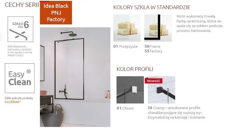 Radaway Idea Black PNJ Frame parawan nawannowy jednoczęściowy 100 cm L/P czarny przeźroczyste Easy Clean 10001100-54-56