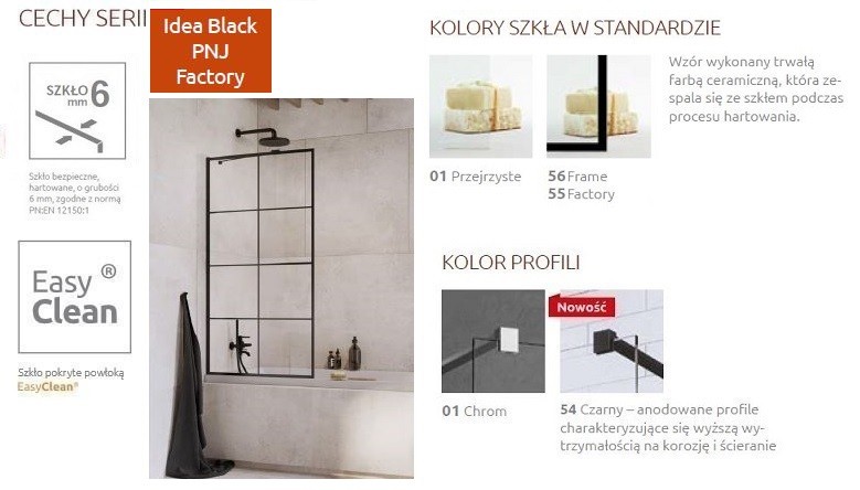 Radaway Idea Black PNJ Factory parawan nawannowy jednoczęściowy 50 cm L/P czarny przeźroczyste Easy Clean 10001050-54-55