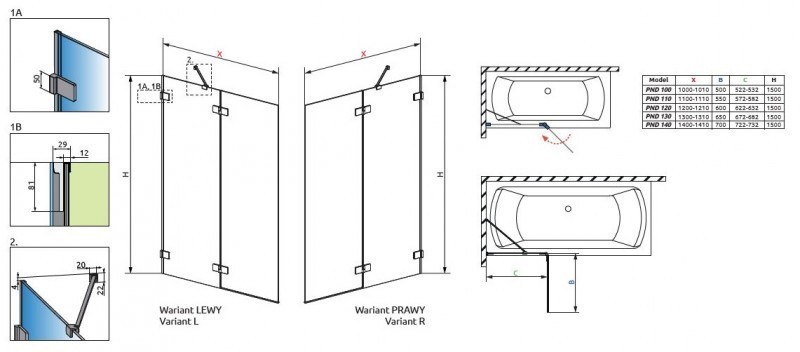 Radaway Euphoria PND parawan nawannowy dwuczęściowy 140 cm prawy chrom przeźroczyste Easy Clean 10008140-01-01R