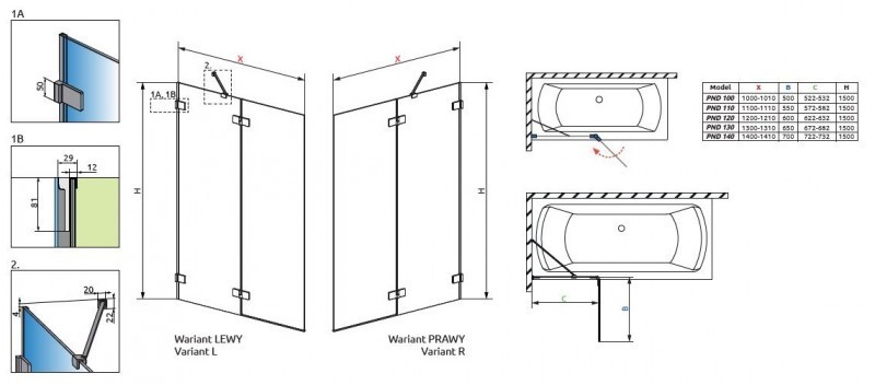 Radaway Euphoria PND parawan nawannowy dwuczęściowy 120 cm lewy chrom przeźroczyste Easy Clean 10008120-01-01L