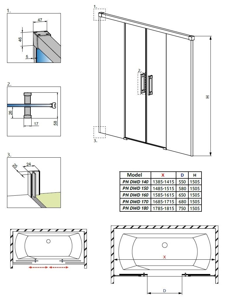 Radaway Idea Black PN DWD zabudowa nawannowa parawan 140 cm czarny przeźroczyste Easy Clean 10004140-54-01
