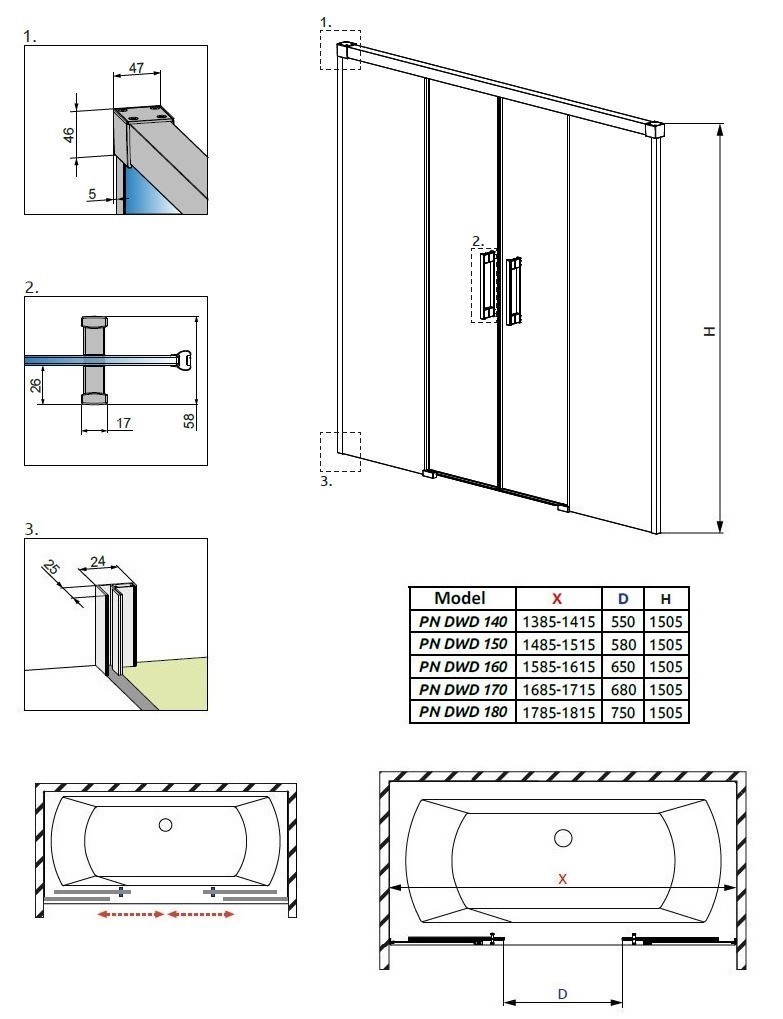 Radaway Idea PN DWD zabudowa nawannowa parawan 180 cm chrom przeźroczyste Easy Clean 10004180-01-01