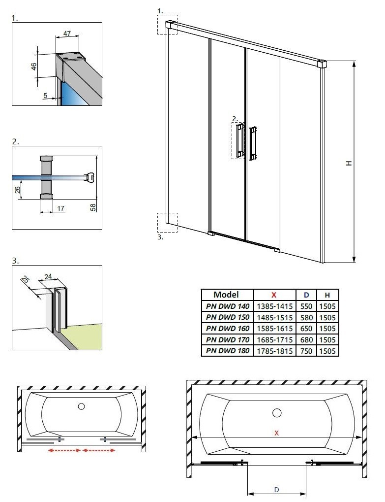 Radaway Idea PN DWD zabudowa nawannowa parawan 150 cm chrom przeźroczyste Easy Clean 10004150-01-01