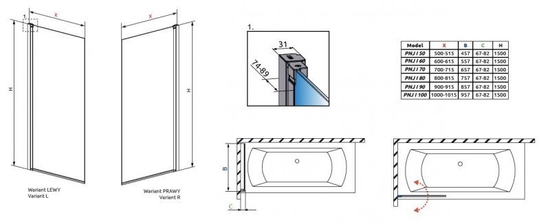 Radaway Nes PNJ parawan nawannowy jednoczęściowy 100 cm lewy chrom przeźroczyste Easy Clean 10011100-01-01L