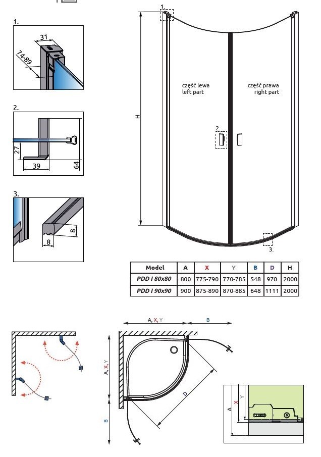 Radaway Nes PDD I kabina półokrągła 90x90 drzwi otwierane chrom przeźroczyste Easy Clean 10020090-01-01L+10020090-01-01R