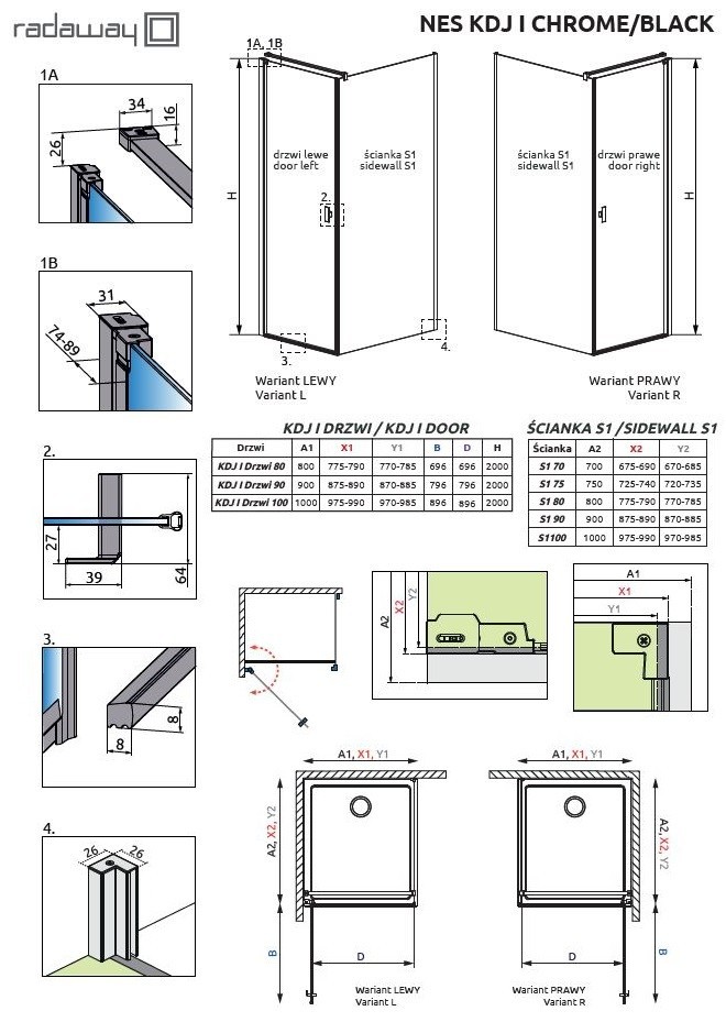 Radaway Nes KDJ I kabina kwadratowa 90x90 drzwi otwierane LEWE 90 i ścianka 90 chrom przeźroczyste Easy Clean 10022090-01-01L+10039090-01-01