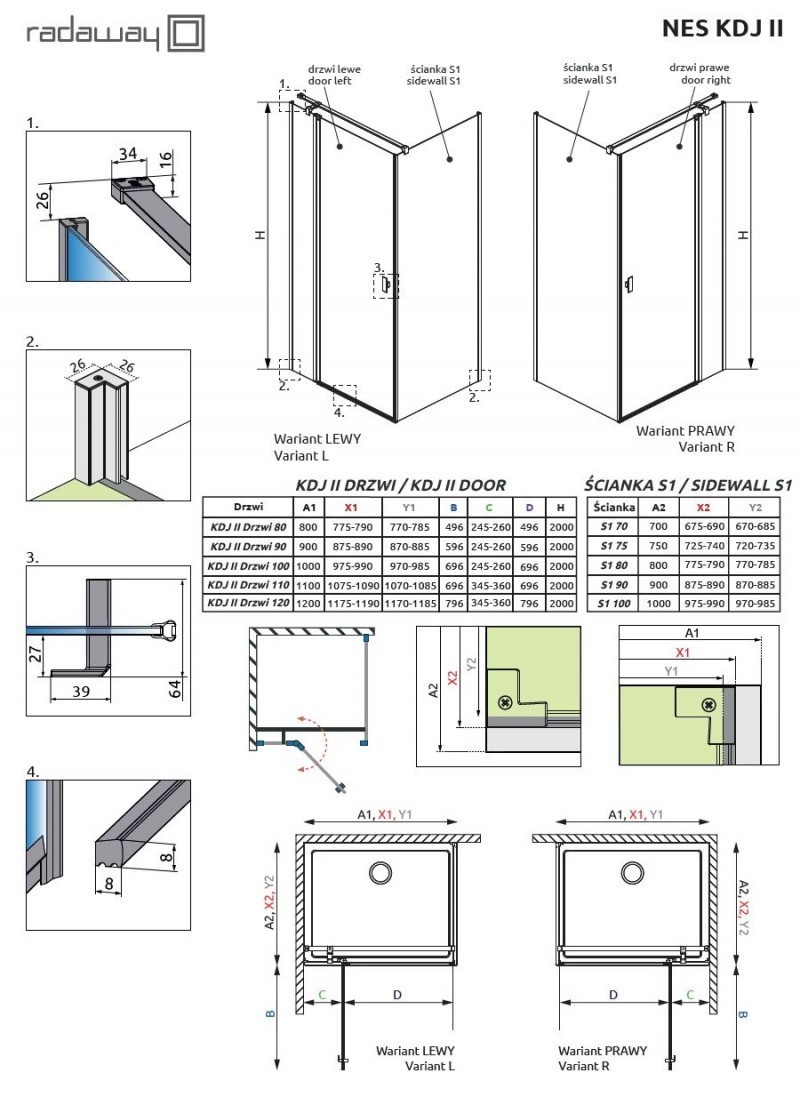 Radaway Nes KDJ II kabina kwadratowa 90x90 drzwi otwierane PRAWE 90 i ścianka 90 chrom przeźroczyste Easy Clean 10032090-01-01R+10039090-01-01