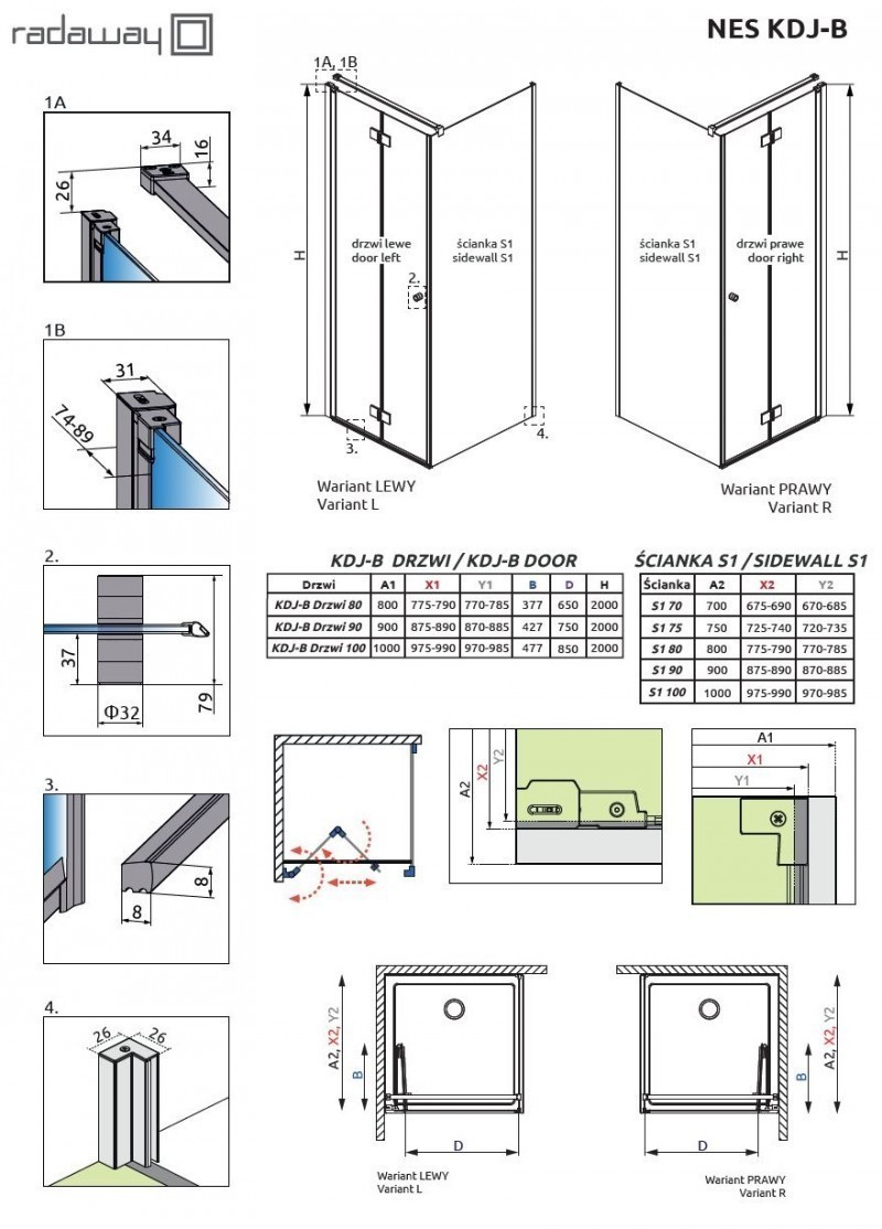 Radaway Nes KDJ B kabina prostokątna 80x90 drzwi składane PRAWE 80 i ścianka 90 chrom przeźroczyste Easy Clean 10025080-01-01R+10039090-01-01