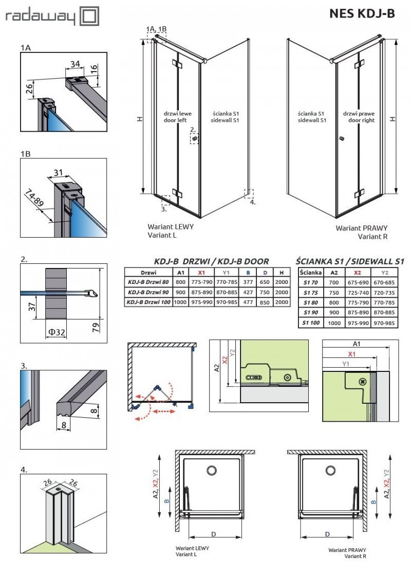 Radaway Nes KDJ B kabina prostokątna 80x75 drzwi składane PRAWE 80 i ścianka 75 chrom przeźroczyste Easy Clean 10025080-01-01R+10039075-01-01