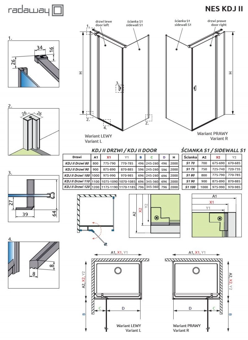 Radaway Nes KDJ II kabina kwadratowa 80x80 drzwi otwierane LEWE 80 i ścianka 80 chrom przeźroczyste Easy Clean 10032080-01-01L+10039080-01-01