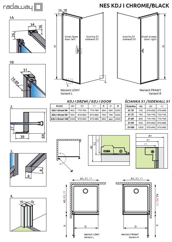 Radaway Nes KDJ I kabina kwadratowa 80x80 drzwi otwierane LEWE 80 i ścianka 80 chrom przeźroczyste Easy Clean 10022080-01-01L+10039080-01-01