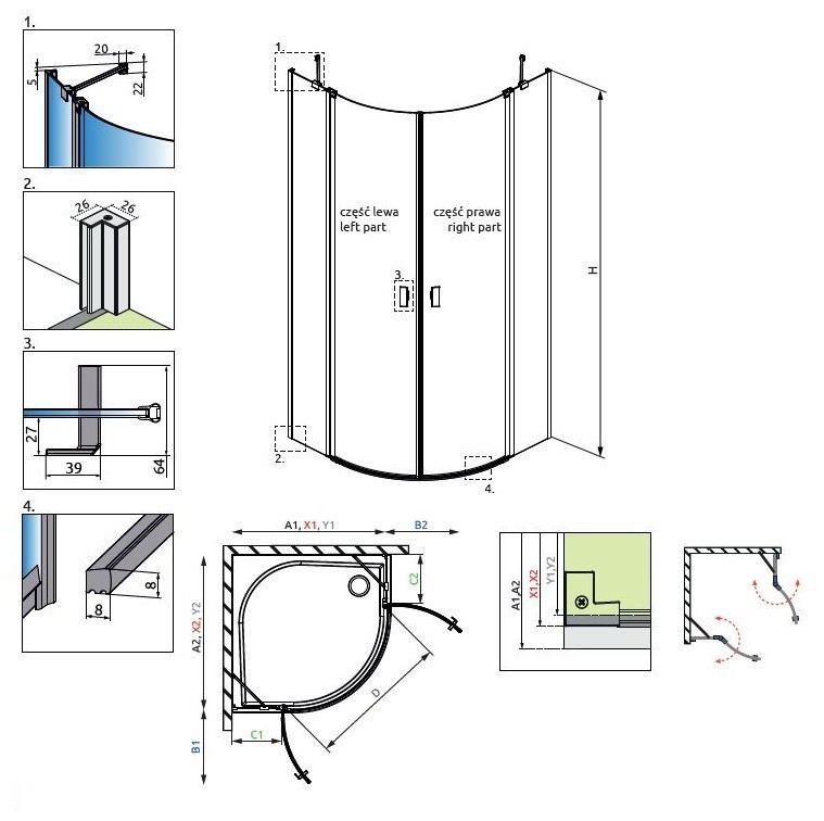 Radaway Nes PDD II kabina półokrągła 100Lx100R drzwi otwierane chrom przeźroczyste Easy Clean 10030100-01-01L+10030100-01-01R