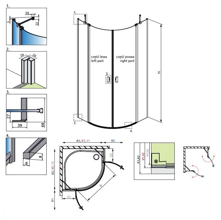 Radaway Nes PDD II kabina półokrągła 80Lx80R drzwi otwierane chrom przeźroczyste Easy Clean 10030080-01-01L+10030080-01-01R