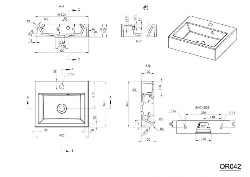 Sapho ORINOKO umywalka prostokątna 42x36cm nablatowa/wisząca konglomerat biały OR042