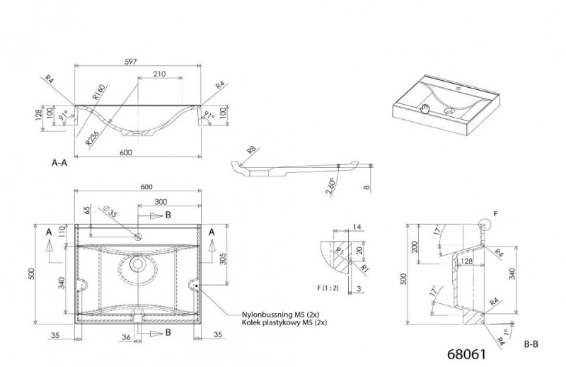 Sapho Flavia Umywalka prostokątna nablatowa/ wisząca konglomerat 60x50cm biały 68061