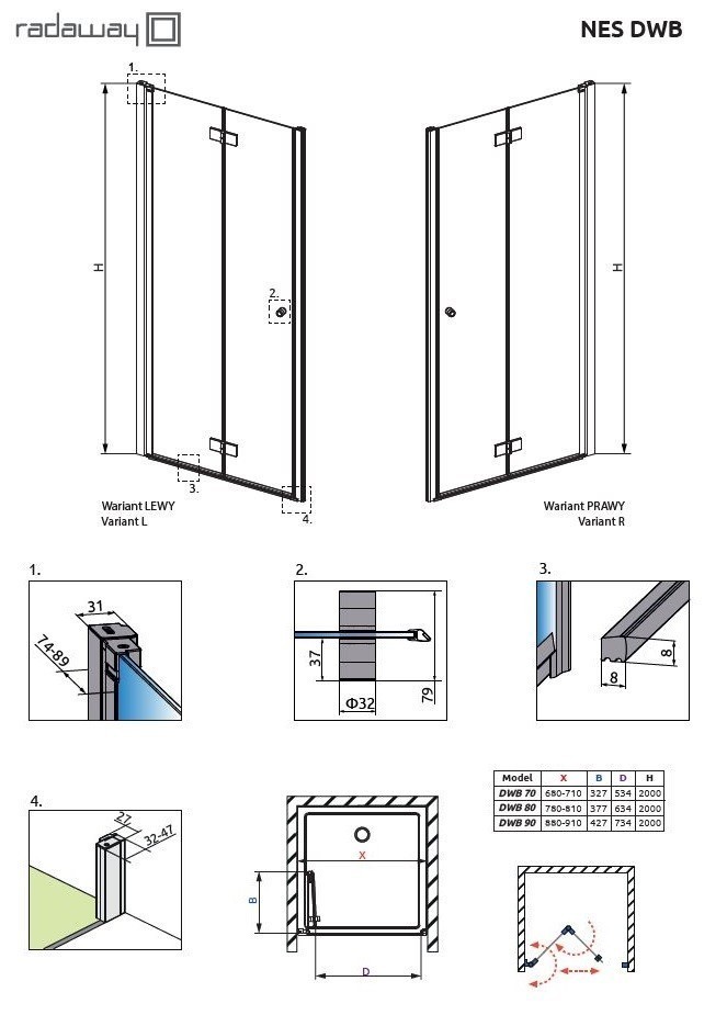 Radaway Nes DWB drzwi wnękowe składane 90cm prawe chrom przeźroczyste Easy Clean 10029090-01-01R