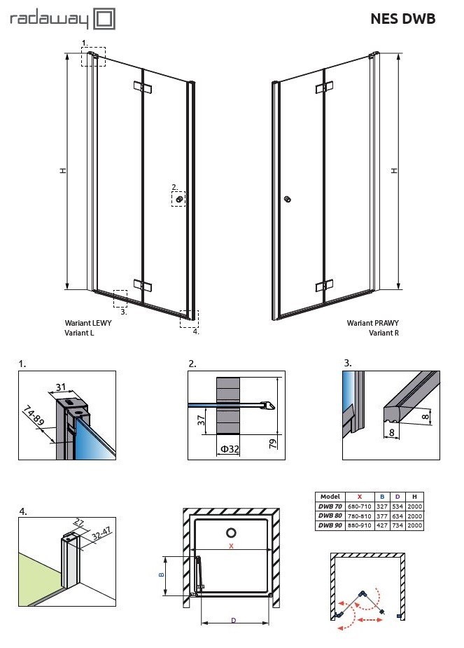 Radaway Nes DWB drzwi wnękowe składane 80cm lewe chrom przeźroczyste Easy Clean 10029080-01-01L