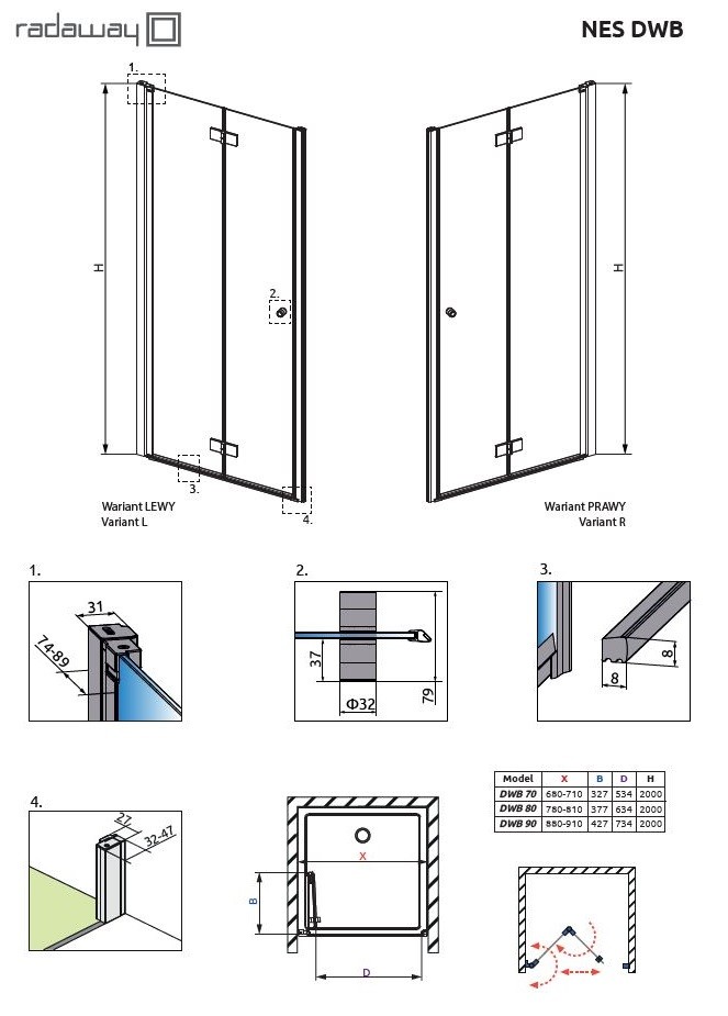 Radaway Nes DWB drzwi wnękowe składane 70cm lewe chrom przeźroczyste Easy Clean 10029070-01-01L