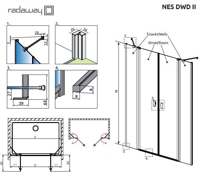 Radaway Nes DWD II drzwi wnękowe dwuczęściowe wahadłowe 150cm chrom przeźroczyste Easy Clean 10037093-01-01+10041057-01-01