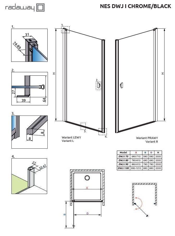 Radaway Nes DWJ I drzwi wnękowe wahadłowe 100cm lewe chrom przeźroczyste Easy Clean 10026100-01-01L