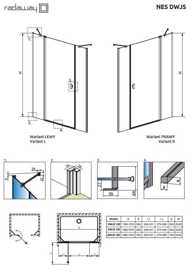 Radaway Nes DWJS drzwi wnękowe wahadłowe z polem stałym 130cm prawe chrom przeźroczyste Easy Clean 10038130-01-01R