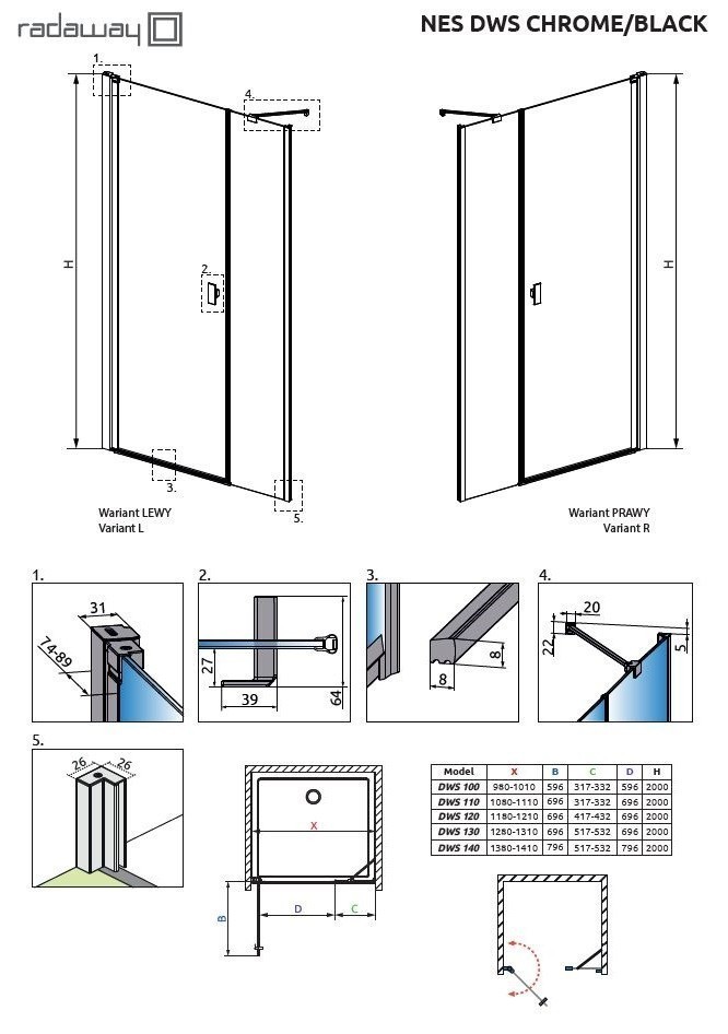 Radaway Nes DWS drzwi wnękowe wahadłowe z polem stałym 130cm prawe chrom przeźroczyste Easy Clean 10028130-01-01R