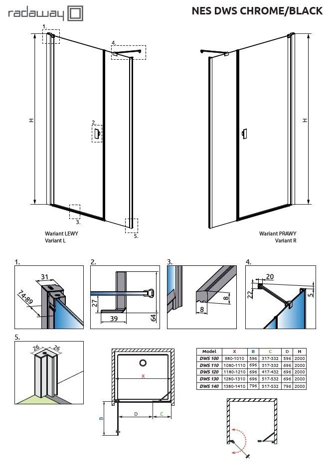 Radaway Nes DWS drzwi wnękowe wahadłowe z polem stałym 110cm prawe chrom przeźroczyste Easy Clean 10028110-01-01R