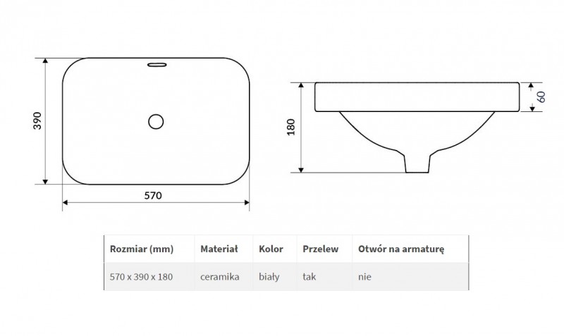 Actima Hasko 57 umywalka wpuszczana w blat 57x39 biały CEAC.3718.570.WH