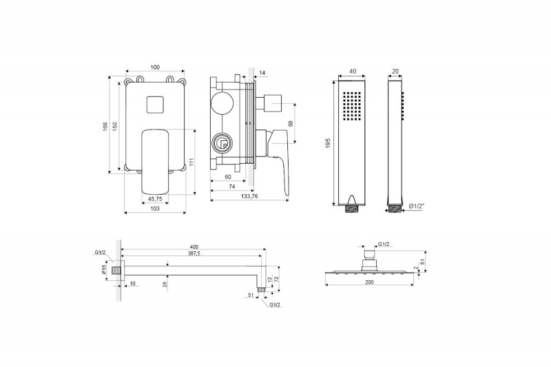 Excellent Keria zestaw podtynkowy z deszczownicą 20x20 czarny matowy AREX.SET.2045BL