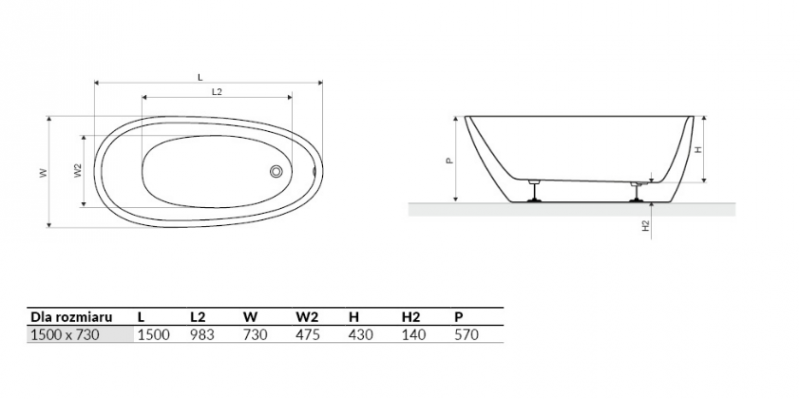 Excellent Olia 2.0 wanna wolnostojąca 150x73 akryl biała WAEX.OLI2.15WH